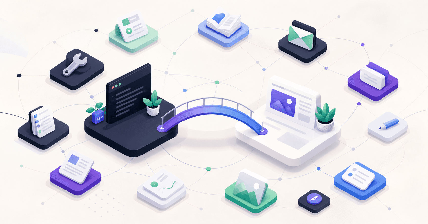 Illustration of indie builders connected through relevant editorial collaborations