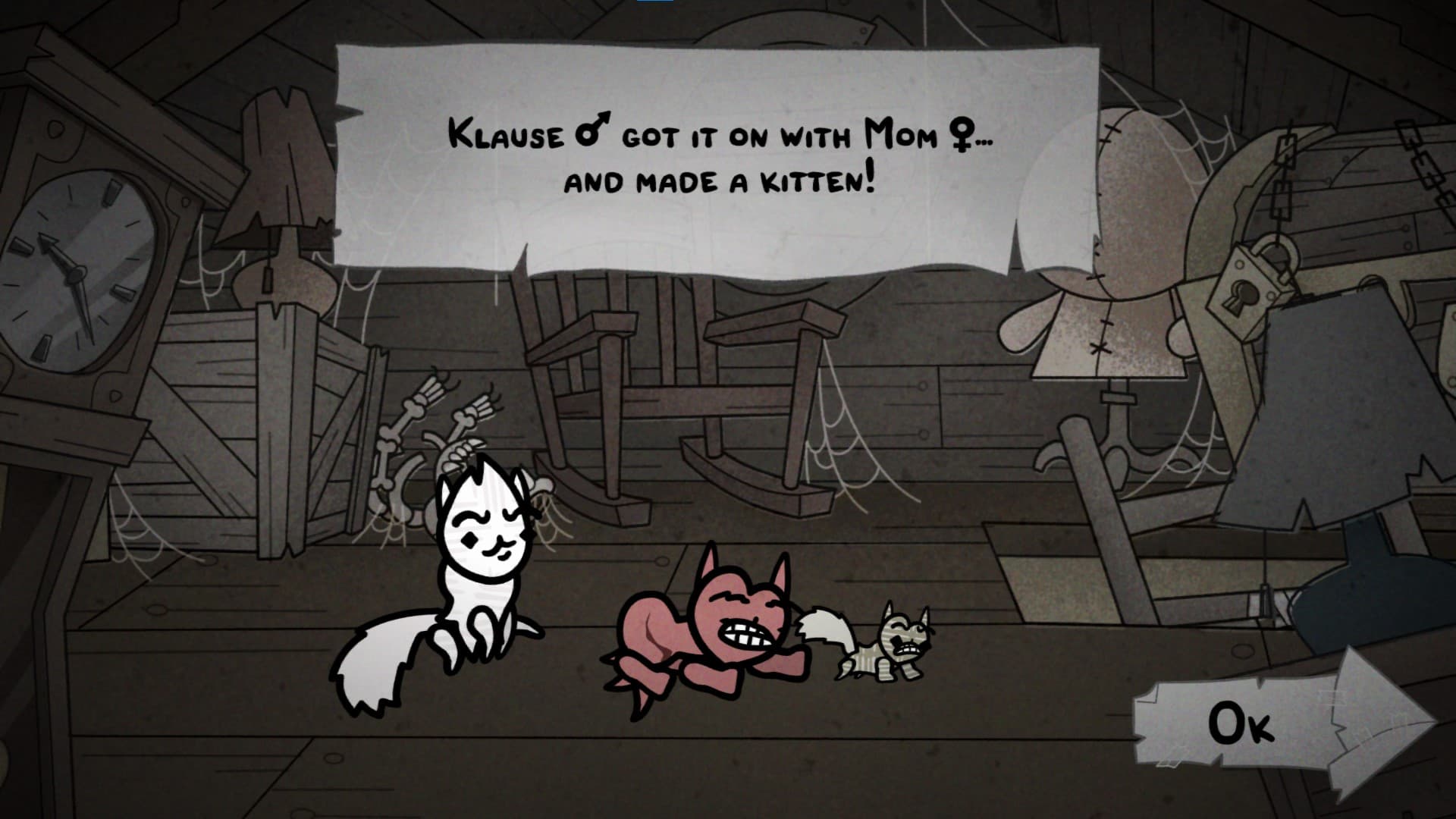 Genetic breeding system in Mewgenics showing ability and mutation inheritance