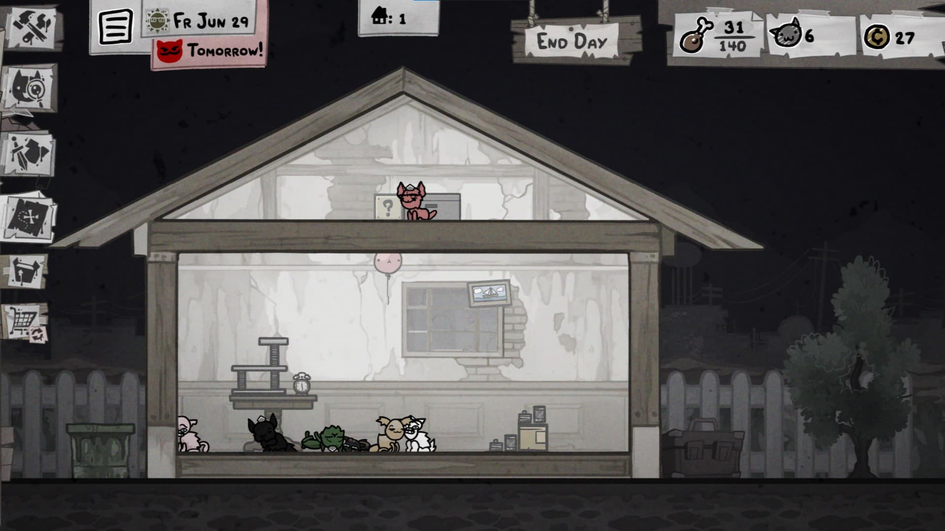 Overview of the Destitute District in Mewgenics showing the cat home base