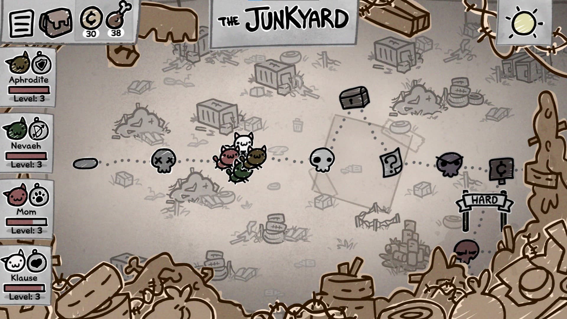 Mewgenics gameplay showing mutant cats in tactical turn-based combat